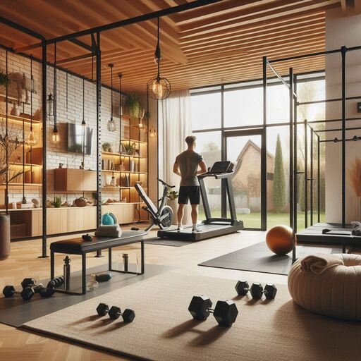 nuosavo namo svetaineje vyras po treniruotes svalgosi per langa