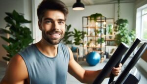 laimingas vyras su elipsiniu treniruokliu